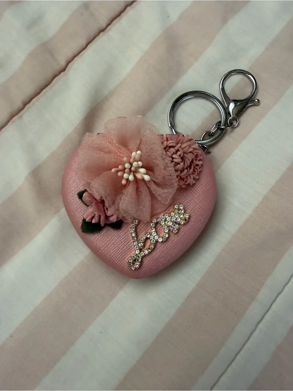 Pink Heart Floral 'Love' Keychain Charm